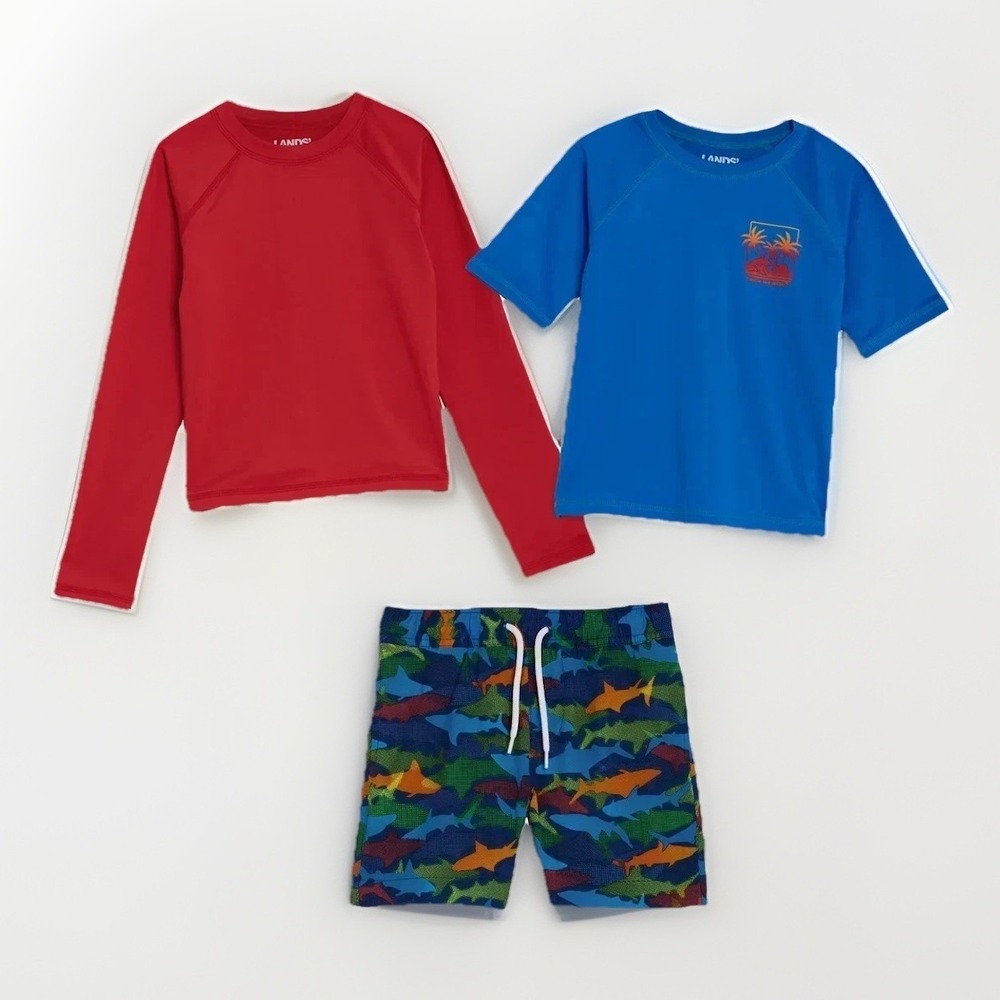 Lands' End 3 Piece Swim Set Rash-Guard Trunks Boy's Size 3T Red Shark Print